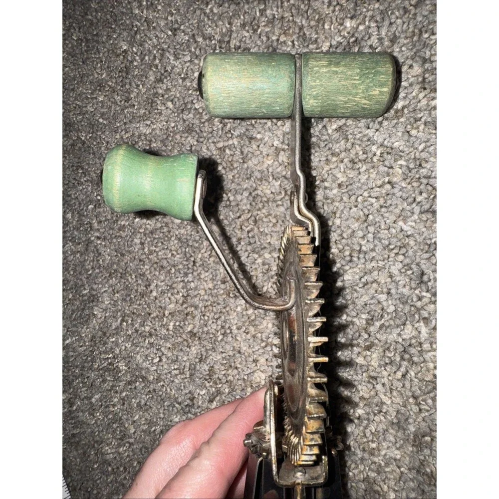 Vtg LADD Hand Crank Egg Beater Mixer Green Wood Handle Farmhouse Antique NY USA